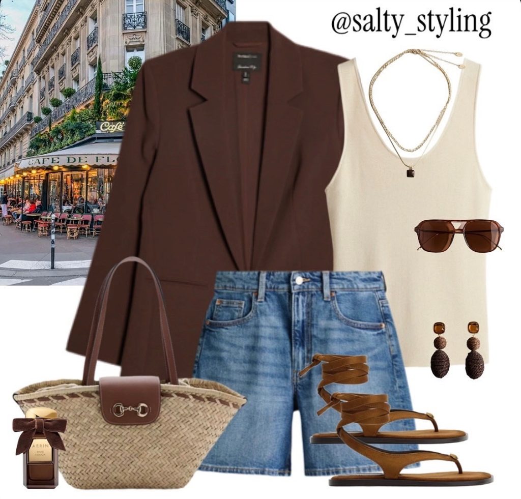 A Brown Blazer and Denim Shorts for a Cafe-Ready Look